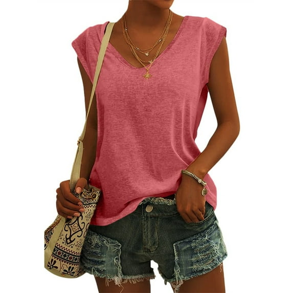 Summer Sleeveless Women Solid Color V-Neck Casual Shirt Tops