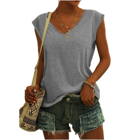 Summer Sleeveless Women Solid Color V-Neck Casual Shirt Tops