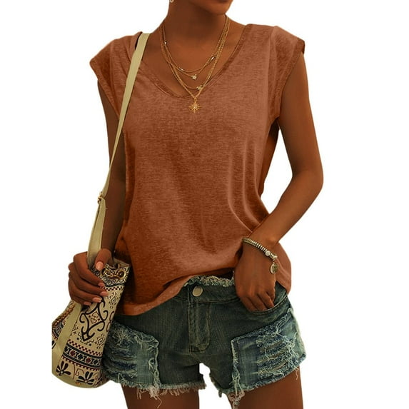 Summer Sleeveless Women Solid Color V-Neck Casual Shirt Tops