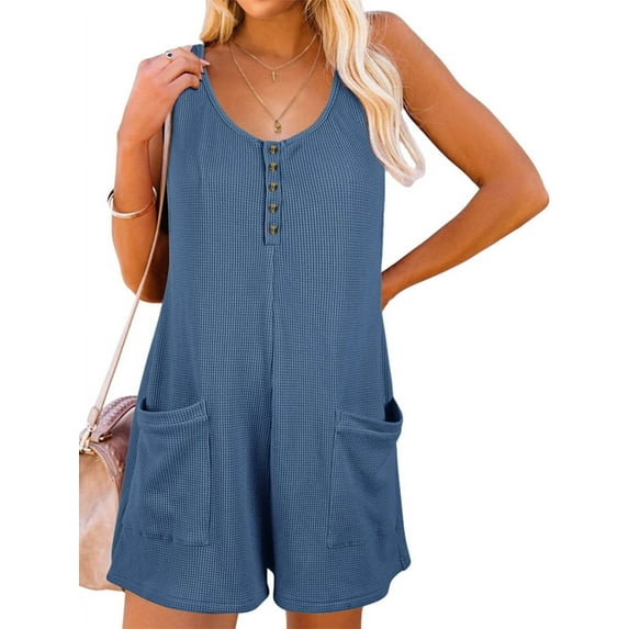 Summer Sleeveless Women Waffle Button-Down Jumpsuit Casual Shorts With Pockets