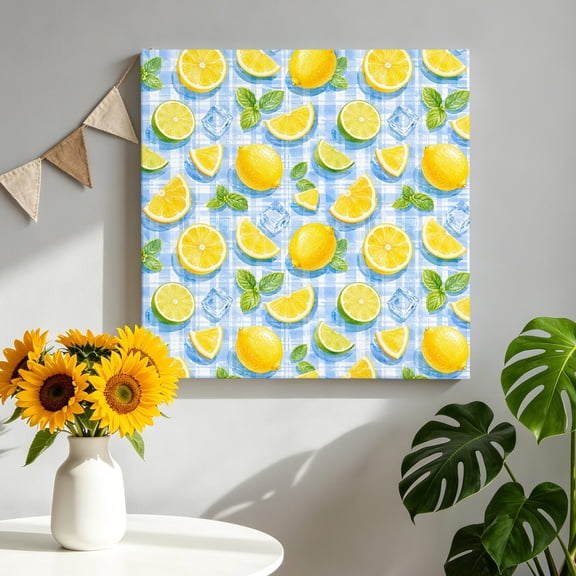 Summer Sliced Lemons Canvas Wall Art for Living Room, Country Tropical Yellow Fruit Blue Plaid Poster Print Painting for Bedroom Office Home Decoration Wall Pictures Prepare To Hang 8"x8"
