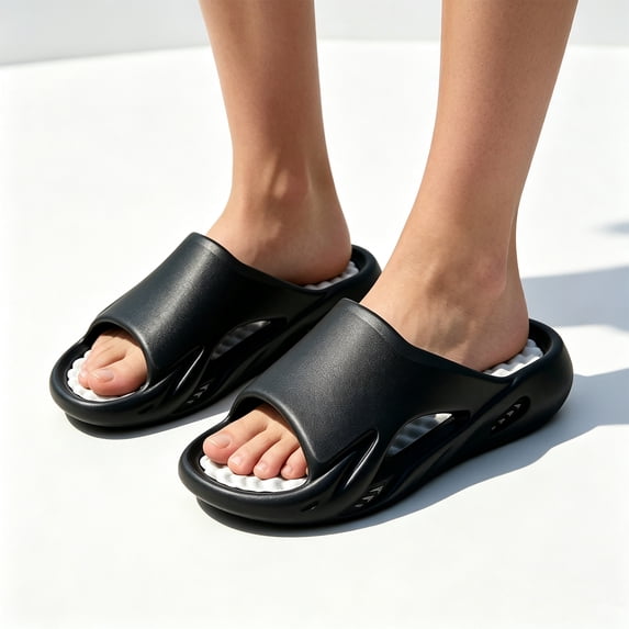 Summer Slides for Women Men, Thick Sole EVA Sandals with Arch Support, Soft Cushion Non-Slip Shower Shoes, Lightweight Beach Pool Slippers for Indoor Outdoor (Black, 44)