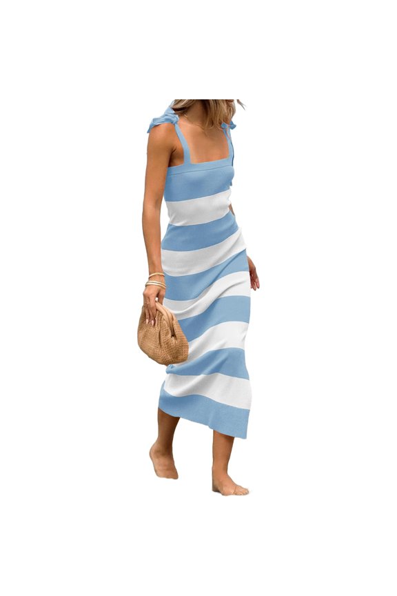 Summer Slim Fit Women Square Neck Striped Print Long Split Bodycon Dress