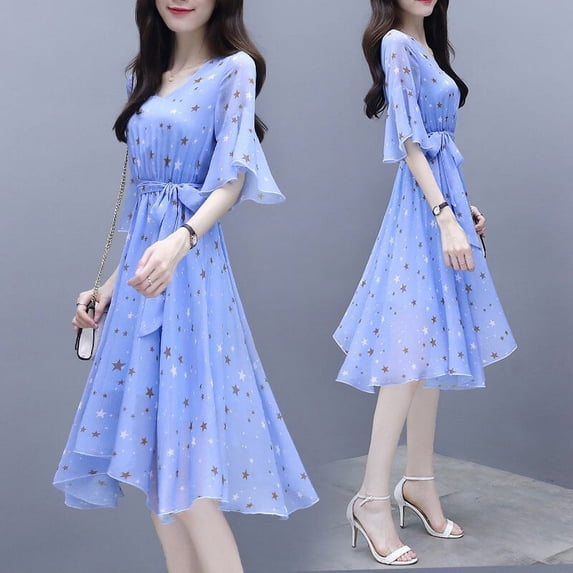 Summer Slim V-neck Ribbon Dress Elegant Star Flare Sleeves Middle Long Printing Dress