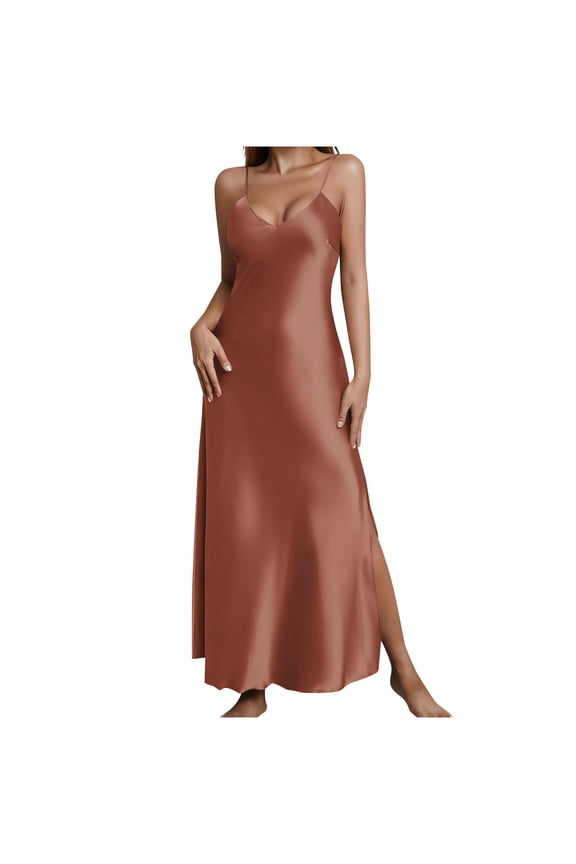 Summer Slip Dress for Women New Women’s Casual V-Neck Side Split Nightgown Comfy Satin Temperament Maxi Dress,Black,XXL