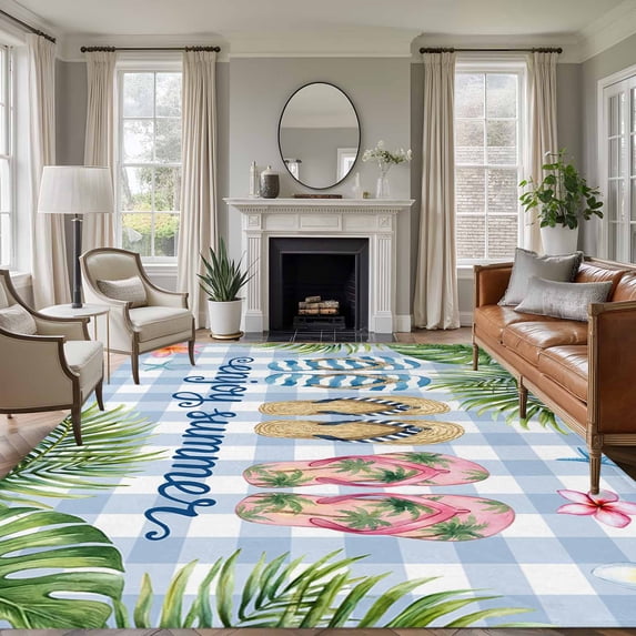 Summer Slippers Area Rugs 5'x7', Small Throw Rugs for Laundry Room Playroom, Tropical Botanical Palm Leaves Blue Plaid Indoor Outdoor Rug Non-Slip Low Pile Carpet Runner Reversible Floor Mats