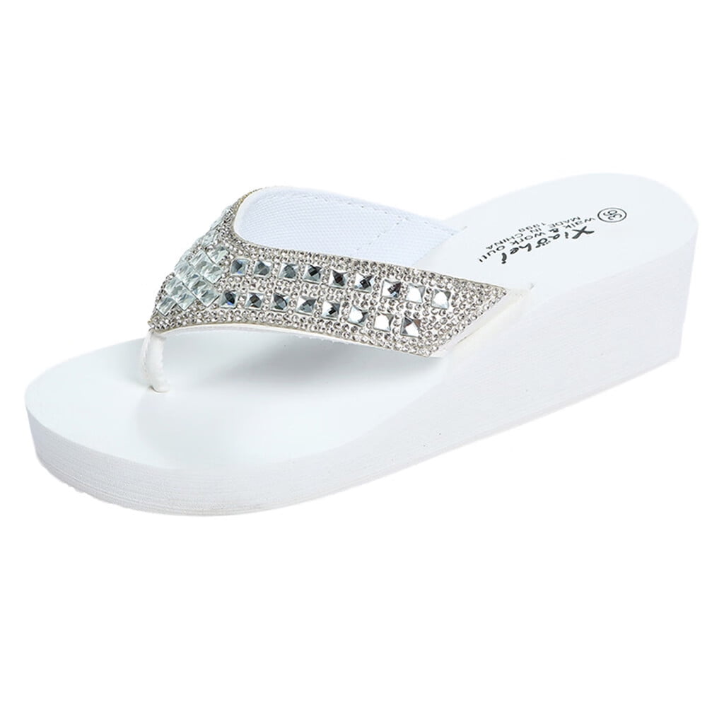 White wedge flip 2025 flops with rhinestones