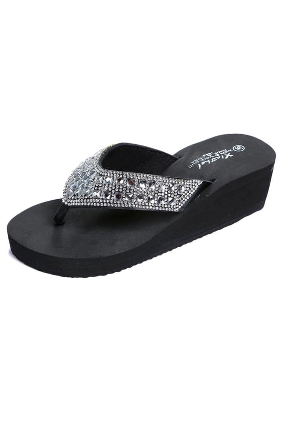 Summer Slippers Fashion Rhinestones Wedges Flip Flops Women's Casual Beach Shoes Rhinestone Flip Flops for Women Black Rhinestone Thong Flip Flops for Women