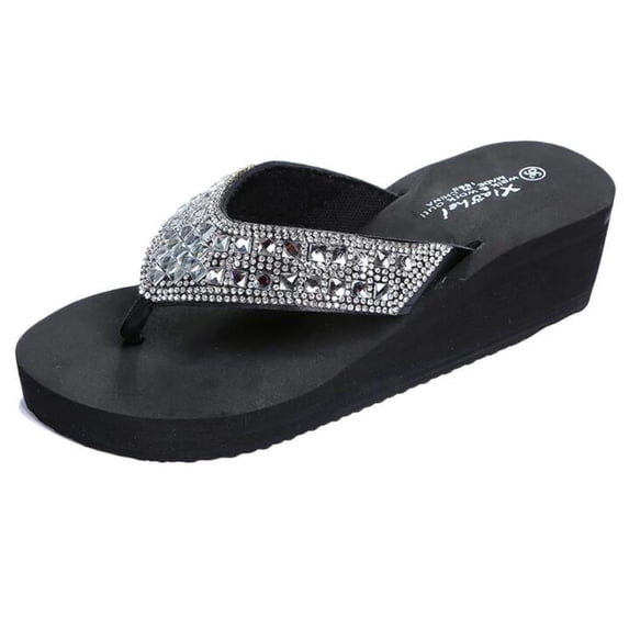Summer Slippers Fashion Rhinestones Wedges Flip Flops Women's Casual Beach Shoes Rhinestone Flip Flops for Women Black Rhinestone Thong Flip Flops for Women