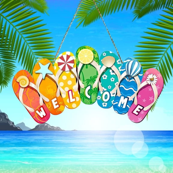 Summer Slippers Hanging Sign Shape Welcome Hello Flip Flop Wooden Door Plaque Rustic Wall Sign Yard Indoor Outdoor Garden Decoration with Rope (Welcome)