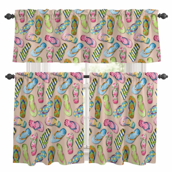 Summer Slippers Kitchen Curtains Valances and Tiers Set of 3 Watercolor Colorful Flip-flops Sandy Beach Tier Curtains and Valance with Rod Pocket for Small Windows, 27.5"x36"