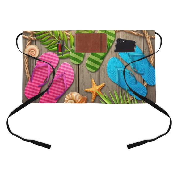 Summer Slippers Kitchen Restaurant Half Waist Apron, Pink Green Blue Shoes Shells Palm Leaf Wooden Stripes Server Short Apron with 3 Pockets Waterproof Oil Waist Aprons for Women Waitress Waiter