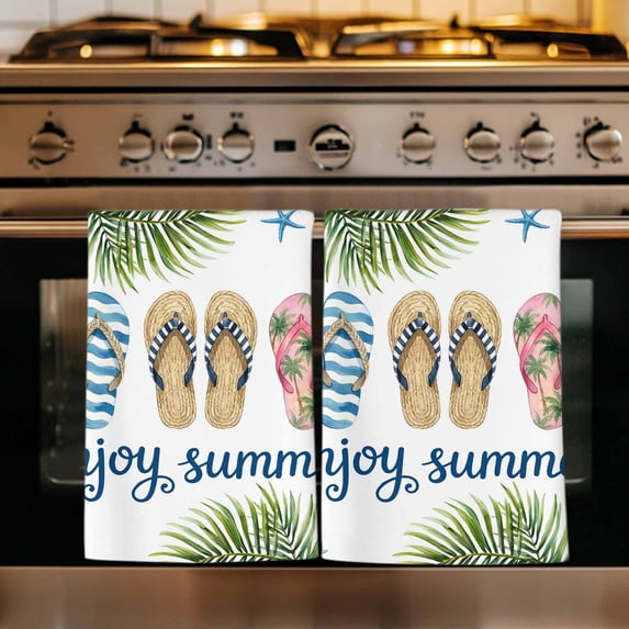 Summer Slippers Kitchen Towels Set of 1, Tropical Botanical Palm Leaves Absorbent Dish Towels for Kitchen, Microfiber Hand Towel, Quick Drying Tea Towel for Cleaning Decorative Dishcloths