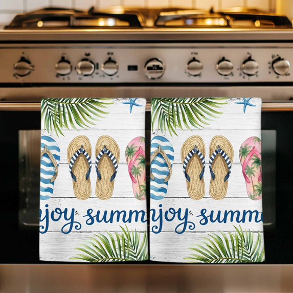 Summer Slippers Kitchen Towels Set of 3, Tropical Botanical Palm Leaves Vintage Absorbent Dish Towels for Kitchen, Microfiber Hand Towel, Quick Drying Tea Towel for Cleaning Decorative Dishcloths