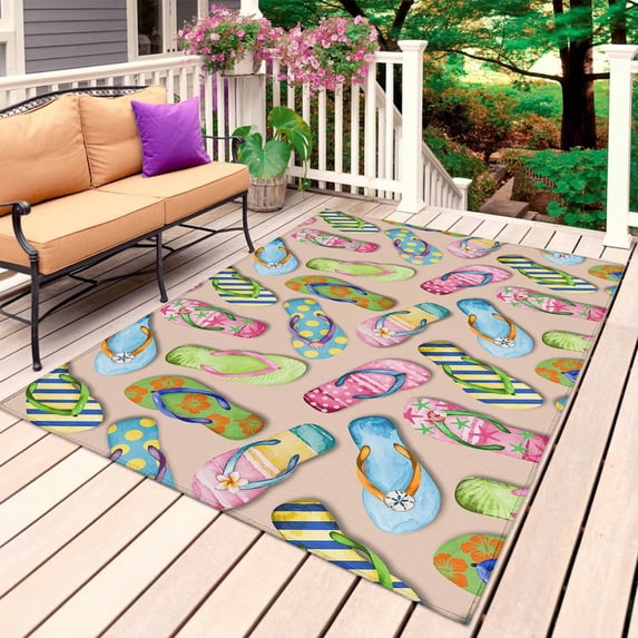 Summer Slippers Outdoor Rug 3x5 Ft, Non Slip Washable Area Rug, Watercolor Flip Flops Ocean Beach Light Brown Patio Rugs Carpet Runner, Large Floor Mat for Indoor/Outdoor Deck Porch Camping