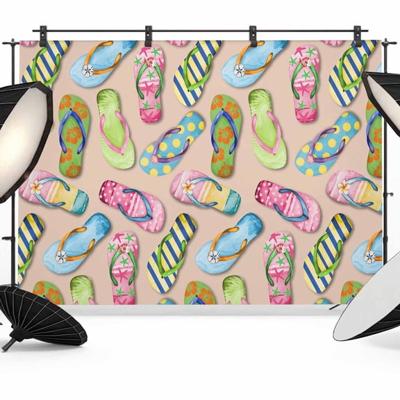 Summer Slippers Photography Backdrop 8x6FT, Watercolor Colorful Flip-flops Sandy Beach Photo Backdrops, Background for Photography Studio Photo Studio Background, Back Drop for Photoshoot