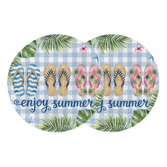 Summer Slippers Round 13 Inch Placemats Set of 2, Tropical Botanical Palm Leaves Blue Plaid HeatResistant Non Slip Place Mats for Dining Table, Wipeable Braided Kitchen Table Mats for Housewarming