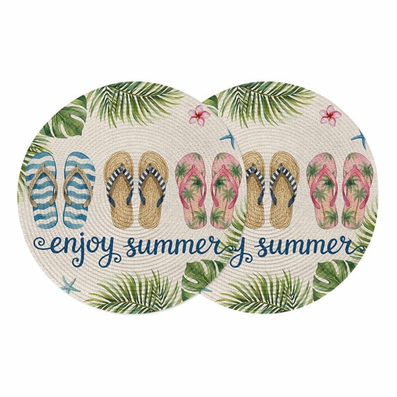 Summer Slippers Round 13 Inch Placemats Set of 2, Tropical Botanical Palm Leaves Rustic HeatResistant Non Slip Place Mats for Dining Table, Wipeable Braided Kitchen Table Mats for Housewarming