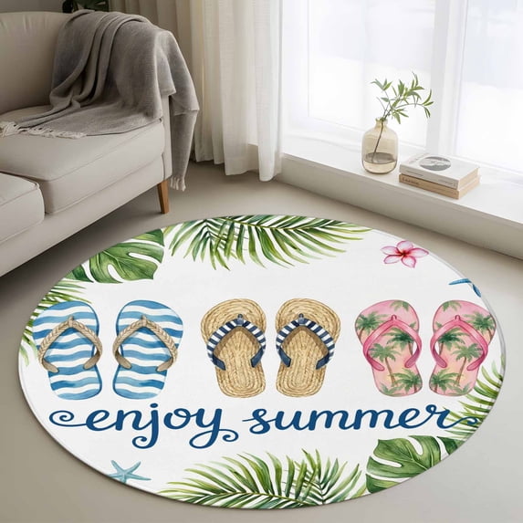 Summer Slippers Round Area Rug 3Ft Washable Small Circle Rugs for Kitchen Entryway, Tropical Botanical Palm Leaves Non-Slip Carpet Floor Mats Indoor Outdoor Carpet Runner Aesthetic Home Decor