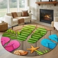 thumbnail image 1 of Summer Slippers Round Living Room Rugs 8 ft, Pink Green Blue Shoes Shell Palm Leaf Wooden Stripes Washable Large Area Rug with Non-Slip Sturdy Edge Binding Round Carpet for Dining Room Kitchen Office, 1 of 9