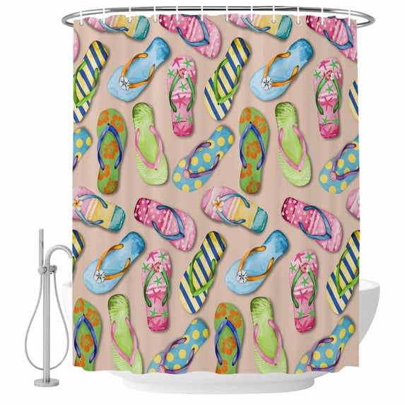 Summer Slippers Shower Curtain, Waterproof Shower Curtains for Bathroom, Watercolor Flip Flops Ocean Beach Light Brown Washable Fabric Bathtub Curtain Set Bath Decor with 12 Hooks Standard 72"x72"