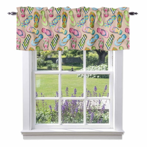 Summer Slippers Valance Curtain for Windows Watercolor Colorful Flip-flops Sandy Beach Rod Pocket Curtain Valances Short Window Treatments Panels for Kitchen Bathroom Laundry Basement 42 x 18 Inch