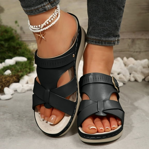 Summer Slippers for Women with Arch Support Solid Color Open Toe Slip-On Comfortable Wedge Thick-Soled Sandals Slippers with Buckle for Women Beach Vacation Holiday Vintage Fashion Black 11