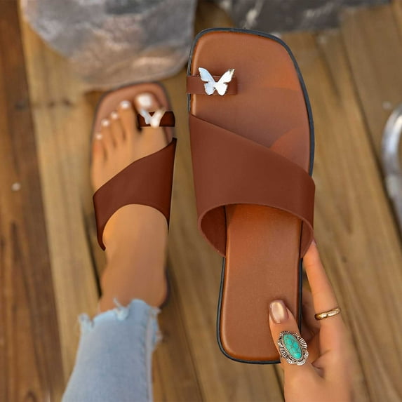 Summer Slippers for Women Footbed Solid Color Open Toe Slip-On Comfortable Flat Slippers Sandals Slippers Flip Flops for Women Beach Vacation Holiday Vintage Fashion Brown 9