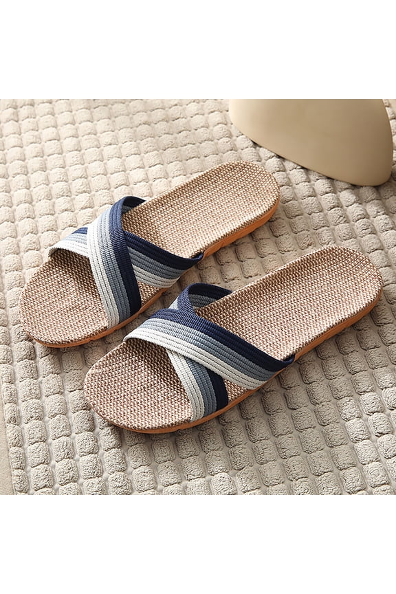 Summer Slippers for Men, Airy Linen Slides with Non-Marking Sole, Perfect for Indoor, Deck, Spa, and Warm Weather Lounging at Home Navy 42
