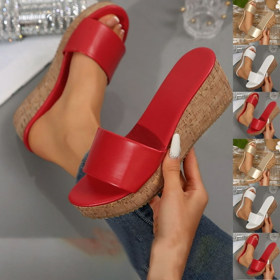 Summer Slippers for Women Wedge Thick Sole Open Toe Slip-on Peep Toe Slides Women Footwear Beach Vacation Holiday Vintage FashionRed 5.5