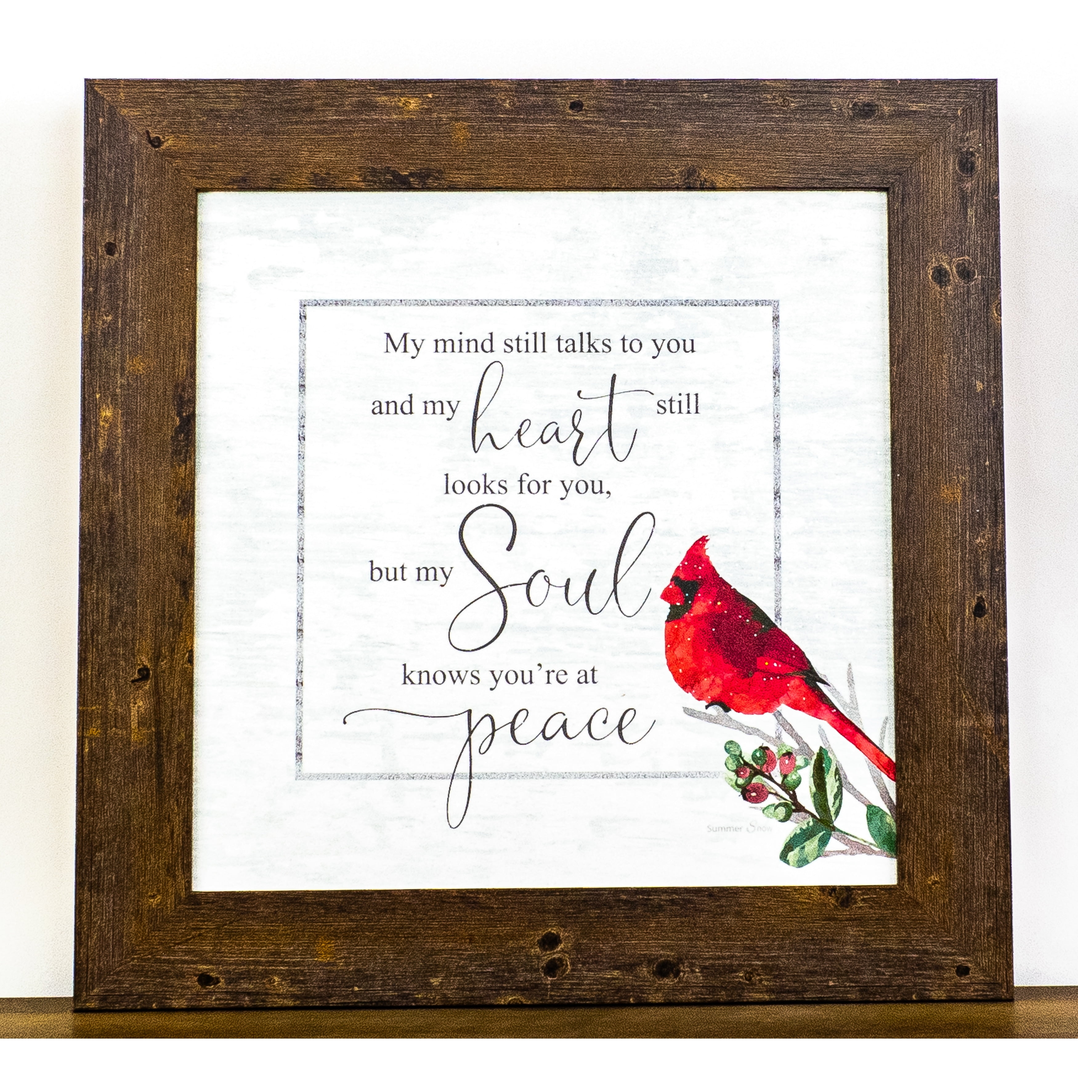 8x8 Brown Framed Canvas Print with Red Cardinal