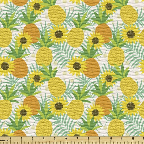 Ambesonne Summer Fabric by the Yard Upholstery, Sunflowers and Pineapples, 1 Yard, Multicolor