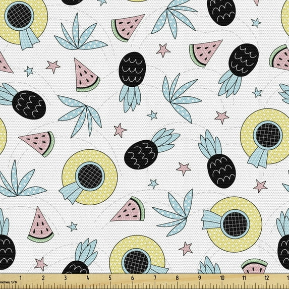 Summer Sofa Upholstery Fabric by the Yard, Hand Drawn Style Pattern with Women`s Beach Hats Pineapples Watermelons and Stars, Decorative Fabric for DIY and Home Accents, Multicolor by Ambesonne