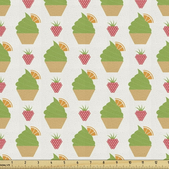 Ambesonne Summer Fabric by the Yard Upholstery, Ice Cream Cones Fruity Style, 5 Yards, Off White and Multicolor