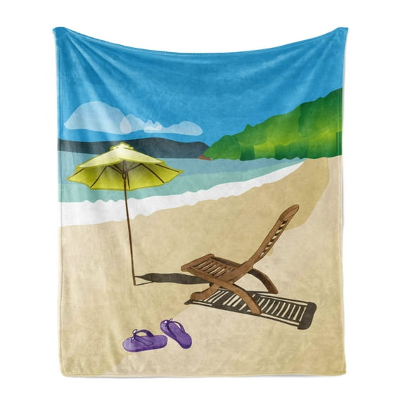 Summer Soft Flannel Fleece Blanket, Beach Sunshine Sand Waves Sandal Deckchair Holiday Relaxation Vacation Cartoon Print, Cozy Plush for Indoor and Outdoor Use, 50" x 60", Multicolor, by Ambesonne