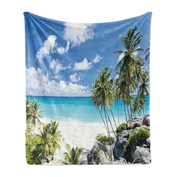 Summer Soft Flannel Fleece Blanket, Bottom Bay Barbados Beach Tropical Palms Ocean Holiday Paradise Coast Charm Picture, Cozy Plush for Indoor and Outdoor Use, 50" x 60", Multicolor, by Ambesonne
