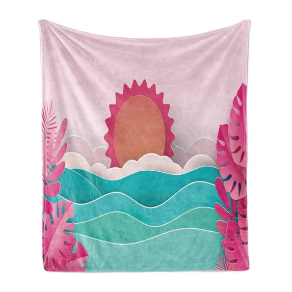 Summer Soft Flannel Fleece Blanket, Holiday Sun Behind the Ocean Exotic Monstera Leaves Beach Coastal Charm, Cozy Plush for Indoor and Outdoor Use, 60" x 80", Magenta Turquoise Rose, by Ambesonne