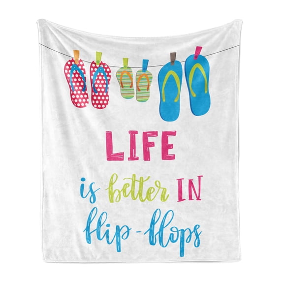 Summer Soft Flannel Fleece Blanket, Life is Better in Flip Flops Message with Polka Dotted and Striped Hanging Slippers, Cozy Plush for Indoor and Outdoor Use, 50" x 60", Multicolor, by Ambesonne