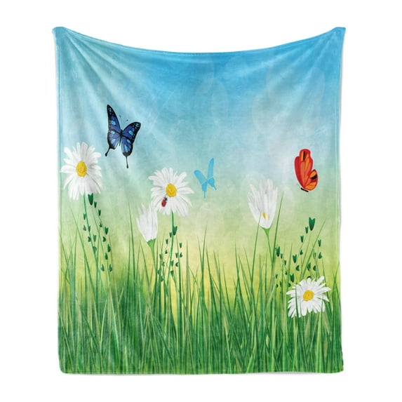 Summer Soft Flannel Fleece Blanket, Meadow Illustration with Daisies Swallowtail Monarch Butterflies and Grass Pattern, Cozy Plush for Indoor and Outdoor Use, 60" x 80", Multicolor, by Ambesonne
