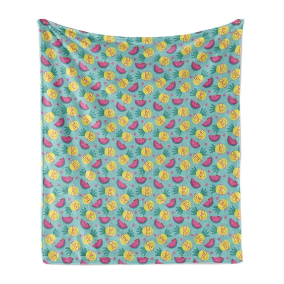 Summer Soft Flannel Fleece Blanket, Nerd Pineapple Faces Along Smart Girly Smiling Watermelons Exotic Friend, Cozy Plush for Indoor and Outdoor Use, 50" x 60", Pink Mustard Turquoise, by Ambesonne