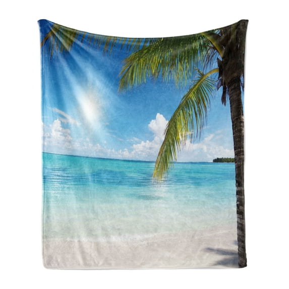 Summer Soft Flannel Fleece Blanket, Tropical Paradise Beach Coconut Palms Crystal Ocean Vaccation Party Theme, Cozy Plush for Indoor and Outdoor Use, 50" x 60", Fern Green Sky Blue, by Ambesonne