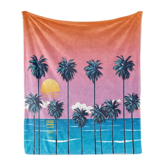 Summer Soft Flannel Fleece Throw Blanket, Beach Landscape by the Ocean Under Sun Palm Trees Island Tropical Holiday Coastal, Cozy Plush for Indoor and Outdoor Use, 50" x 70", Multicolor, by Ambesonne