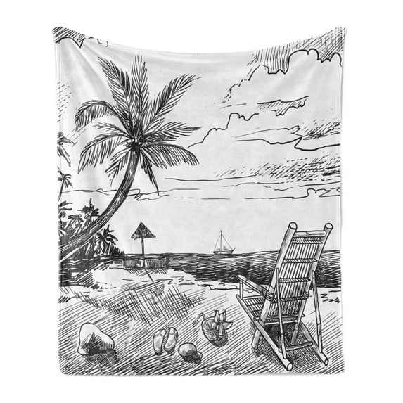 Summer Soft Flannel Fleece Throw Blanket, Beach Sketch with Palm Chair Coconut Yacht Tropical Holiday Travel Panorama, Cozy Plush for Indoor and Outdoor Use, 50" x 70", Black and White, by Ambesonne