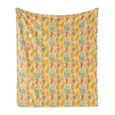Summer Soft Flannel Fleece Throw Blanket, Beach Theme Chaise Lounge Umbrella Surfboard Flip-flops Vacation Journey Sea, Cozy Plush for Indoor and Outdoor Use, 50" x 70", Multicolor, by Ambesonne