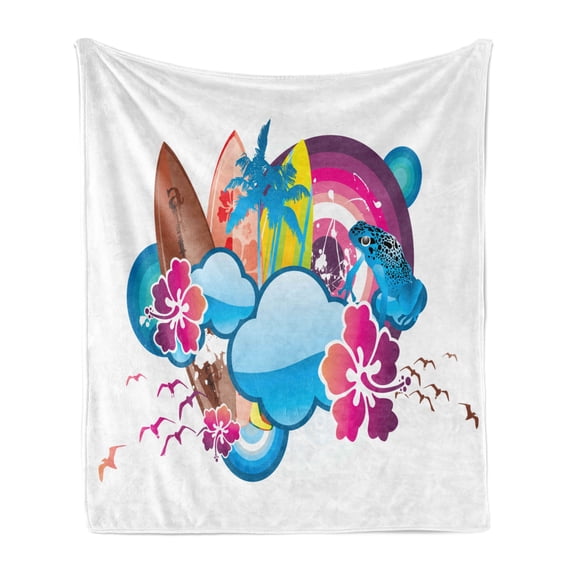 Summer Soft Flannel Fleece Throw Blanket, Cartoon Print Season Hot Beach Vbes with Surfing Boat Waves Flowers Frogs Artwork, Cozy Plush for Indoor and Outdoor Use, 70" x 90", Multicolor, by Ambesonne