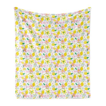 Summer Soft Flannel Fleece Throw Blanket, Cheerful Vivid Pattern of Flowers and Lemons, Cozy Plush for Indoor and Outdoor Use, 50" x 70", Multicolor, by Ambesonne