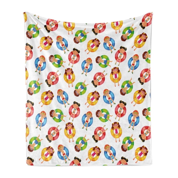 Summer Soft Flannel Fleece Throw Blanket, Children in the Pool on Life Swimming Summer Season Themed Cartoon Characters, Cozy Plush for Indoor and Outdoor Use, 70" x 90", Multicolor, by Ambesonne