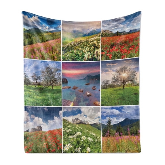 Summer Soft Flannel Fleece Throw Blanket, Collage with 9 Different Square Framed Freshening Summer Landscapes Rural Nature, Cozy Plush for Indoor and Outdoor Use, 50" x 70", Multicolor, by Ambesonne