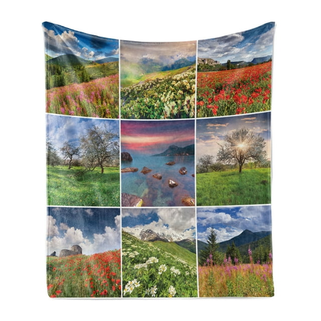 Summer Soft Flannel Fleece Throw Blanket, Collage with 9 Different Square Framed Freshening Summer Landscapes Rural Nature, Cozy Plush for Indoor and Outdoor Use, 70" x 90", Multicolor, by Ambesonne