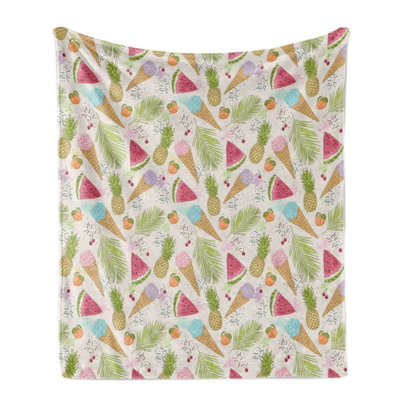 Summer Soft Flannel Fleece Throw Blanket, Doodle Pattern of Ice Creams Watermelon Slices Pineapples Cherries and Mandarins, Cozy Plush for Indoor and Outdoor Use, 60" x 80", Multicolor, by Ambesonne